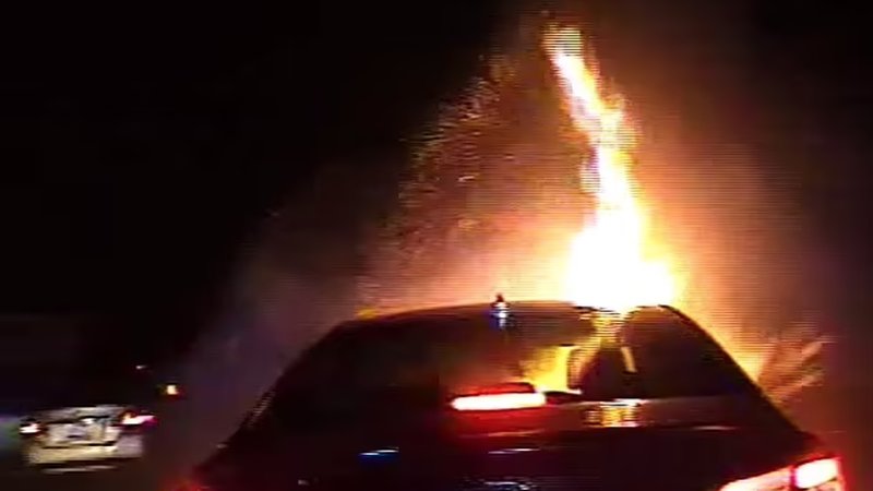 Flammor slog ur bilen när 28-åringen flydde till fots. Flammor slog ur bilen när 28-åringen flydde till fots.